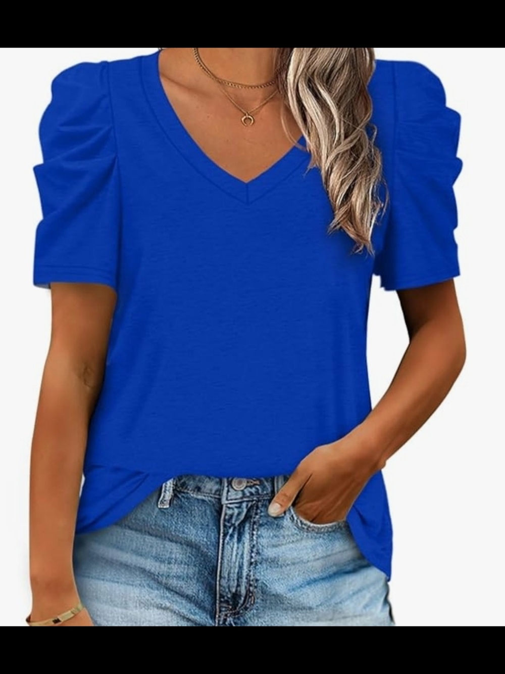 V-Neck Puff Sleeve Tee in Royal Blue